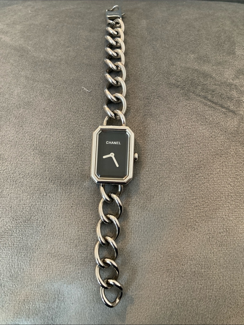 CHANEL Silver Chain-Link Bracelet Watch with Black Octagonal Dial